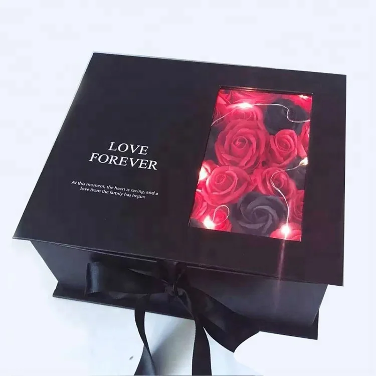 
FSC Factory Luxury Clamshell PVC Window Flower Packaging Center Parting Gift Box with Ribbon 