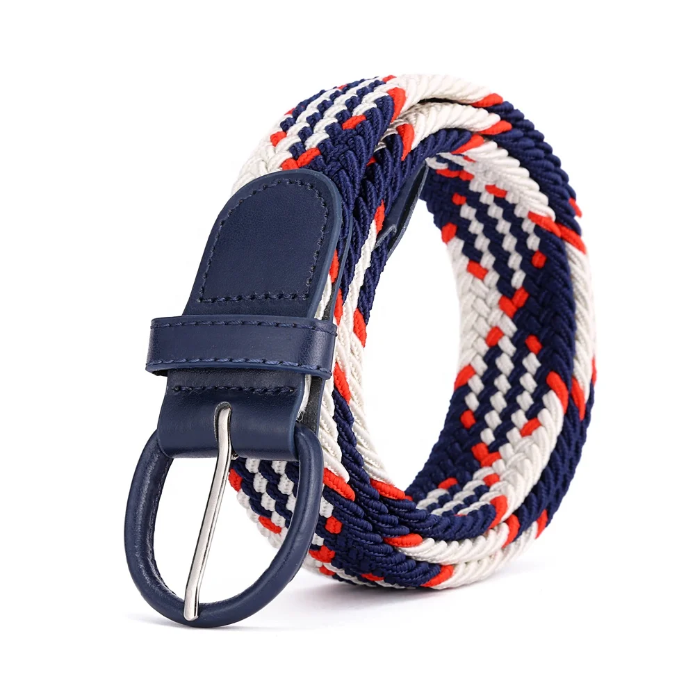 Braided Woven Elastic Stretch Belt With Matching Leather Covered Buckle