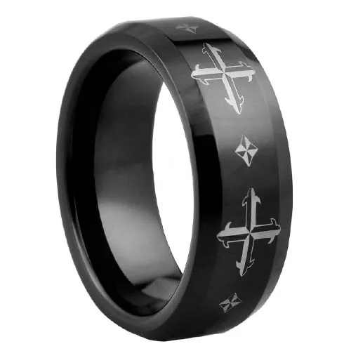 Modern Metal Jewelry 8mm Beveled Edges Religious Western Cross Engraved Black Tungsten Promise Rings