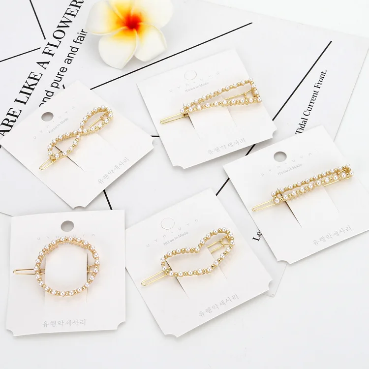 Wholesale Korean Heart Round Tie Geometric Mixed Designs Gold Plating Pearl Hair Clips For Women Baby Girls
