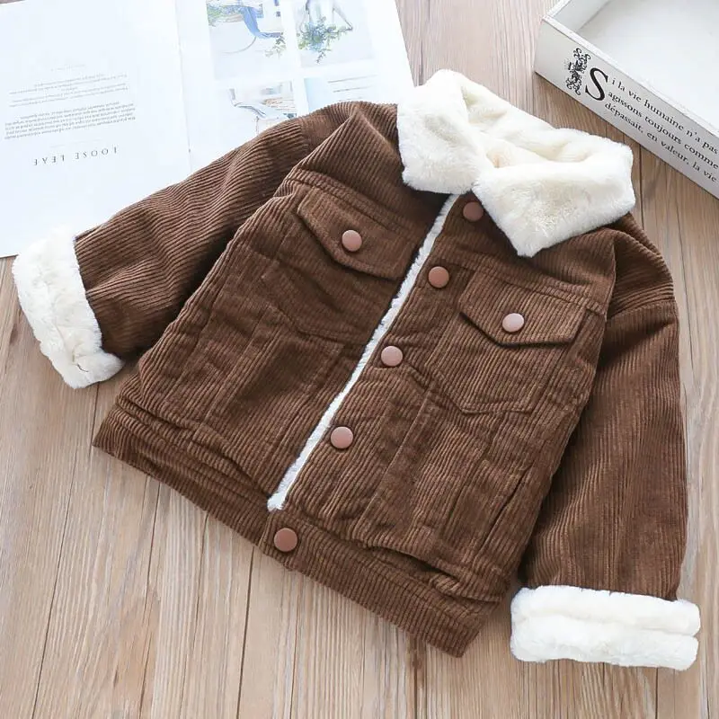 Оптовая продажа, детская зимняя одежда для девочек, вельветовое Детское пальто с карманами, зимняя одежда для маленьких девочек