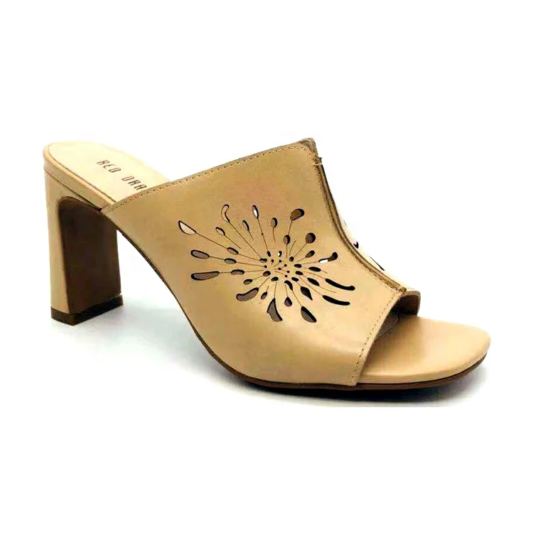 Wholesale Fashion High Heel Leather Slippers for Ladies Summer Chrysanthemum Hollow Design Anti-Slip Breathable Disposable