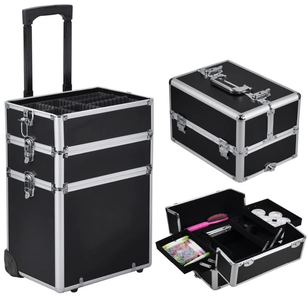 aluminum hard jewelry box hair stylist train case rolling cosmetic trolley