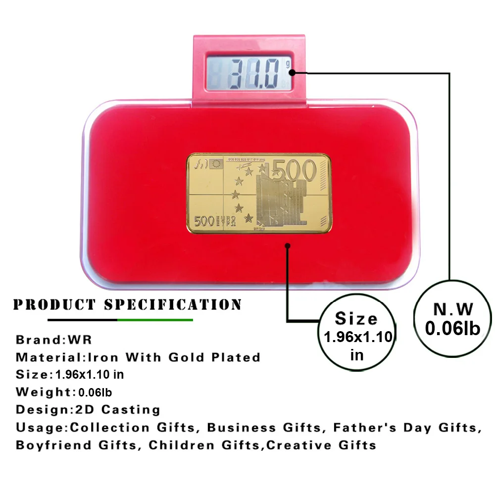 Euro 500 Gold Plated Metal Bar Fake Bill Bullion Coin Commemorative Golden Bar for Business Souvenir