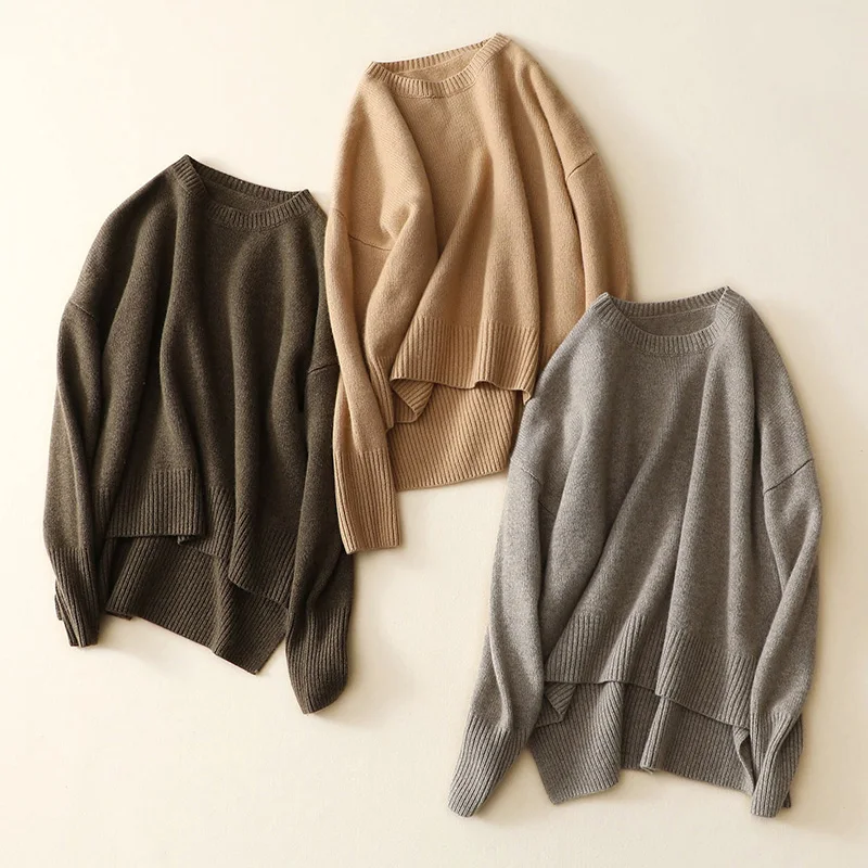 Women winter heavy sweater crew neck long sleeves pullover sweater 100% cashmere sweaters for ladies