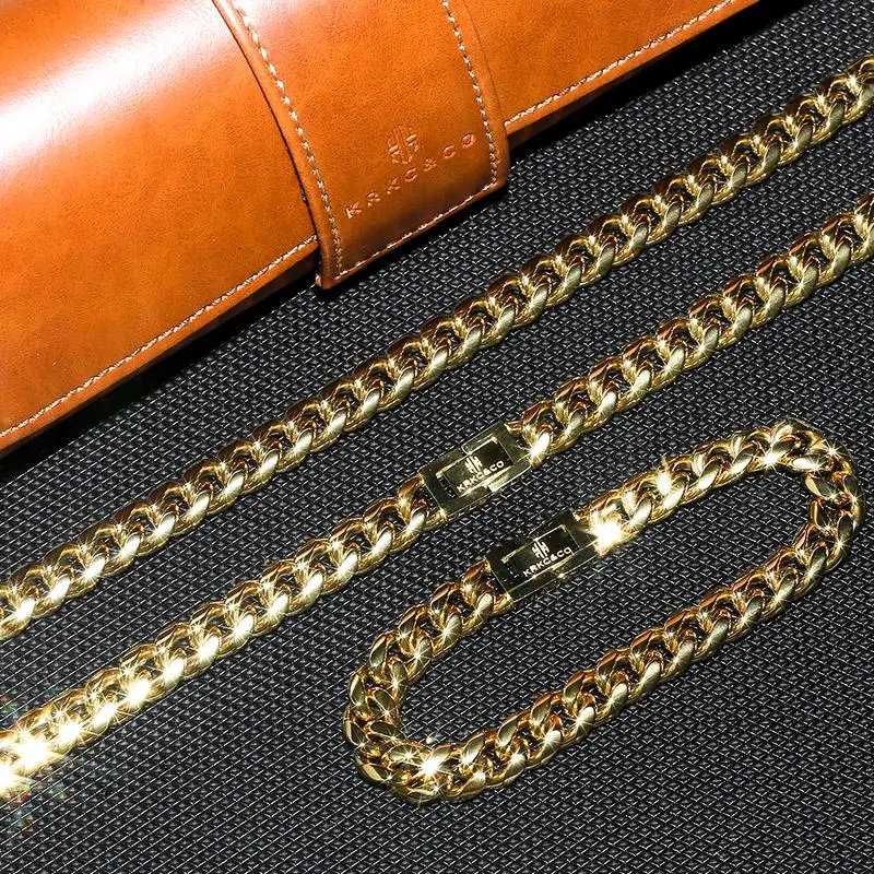 
KRKC&CO 10mm Men Hip Hop Set 18K Gold Plated 28inch Stainless Steel Cuban Link Chain and 8.5inch Miami Link Bracelet Set 