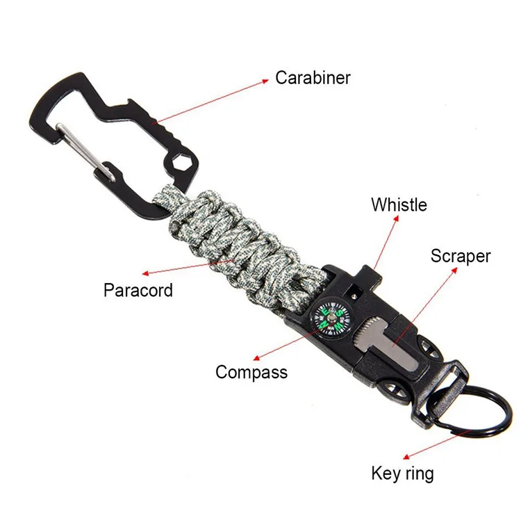 Adventure camping outdoor gear survival paracord fire make compass keychain
