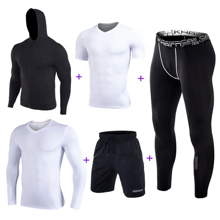 5 piece in set men quick dry training wear set gym clothes running suits breathable running  wear sport suit for man