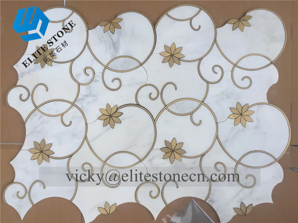 carrara white marble water jet mosaic gold metal brass inlay luxury wall tile