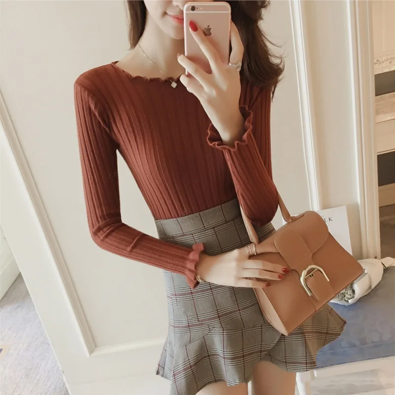 U neck  sexy woman slim fit waving side knitted covering yarn soft woman various color base shirt sweater