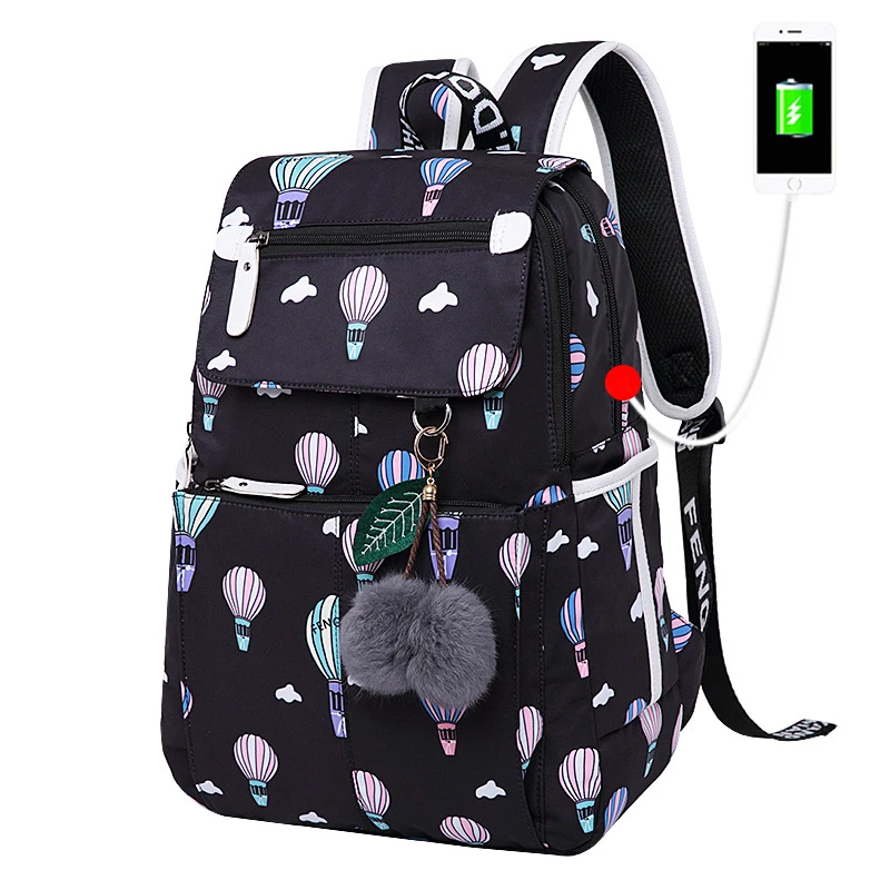 
women canvas printing college student backpack girls book bag wholesale school bags for teenagers with usb charging 