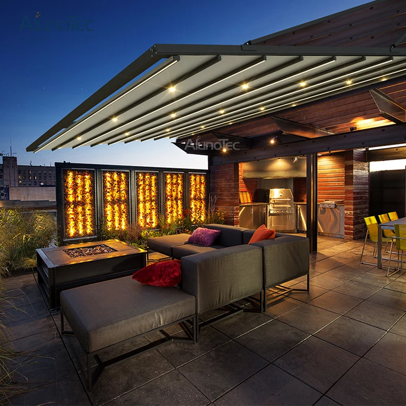 Wall Hanging Waterproof Motorized Retractable Awnings Pergola With Led Light For House Corridor