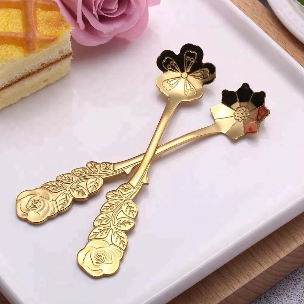 Long Handle Flowers Shaped Stirring Spoon Stainless Steel Gold Plated Coffee Spoon with Flower Shape