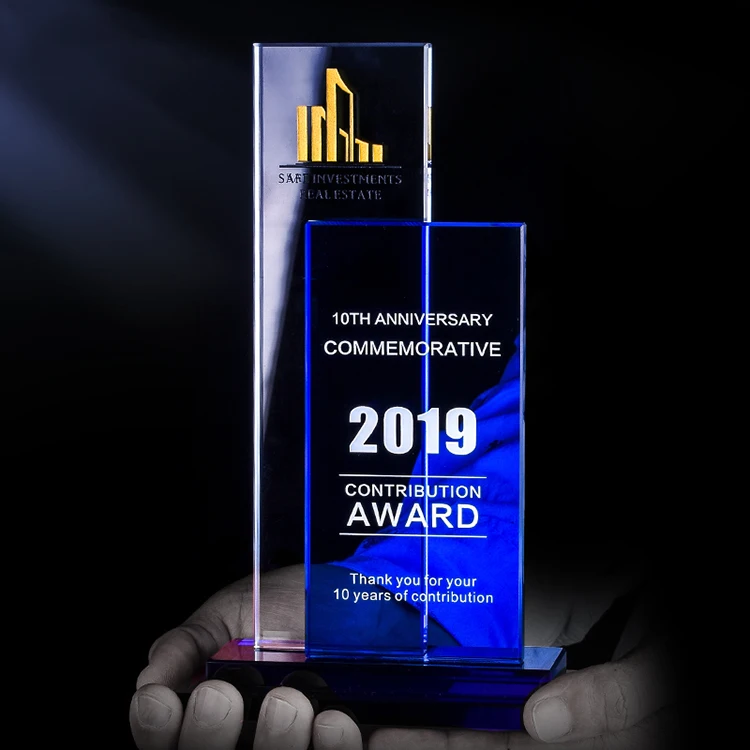 
Sandblasted two-layer glass awards crystal trophy for government gifts 