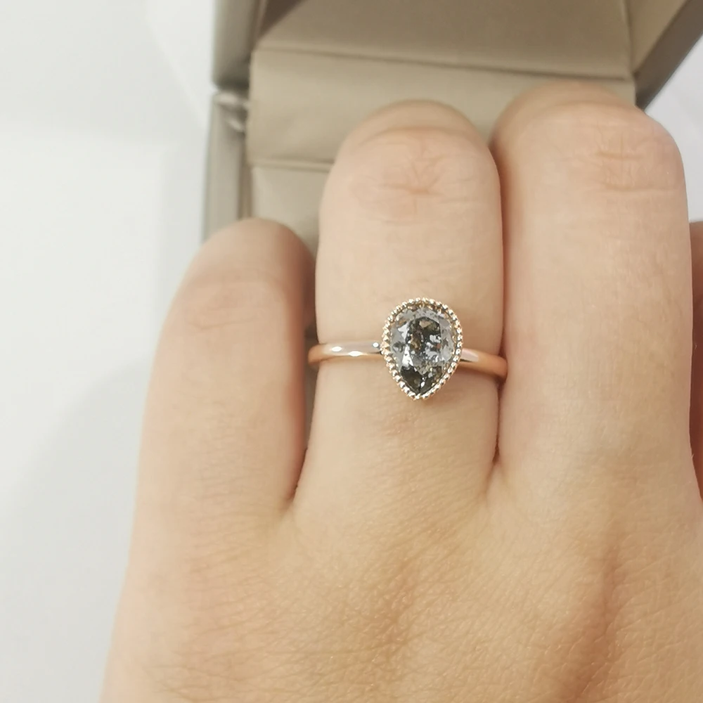 Solid 9k Rose Gold Natural Diamonds Engagement Wedding Ring Pear Crystal Ring Fine Jewelry Women