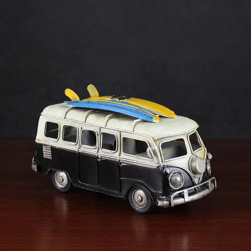 Handmade Metal Crafts European England Vintage Classic Bus Model With Skateboard Gift Home Office Decor