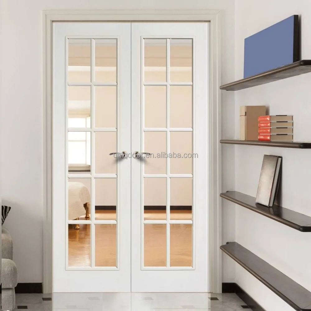 
Clear Tempered Glass Door Wood Veneered Entry Doors Villa Standard White Color Interior Double French Door for Builder 