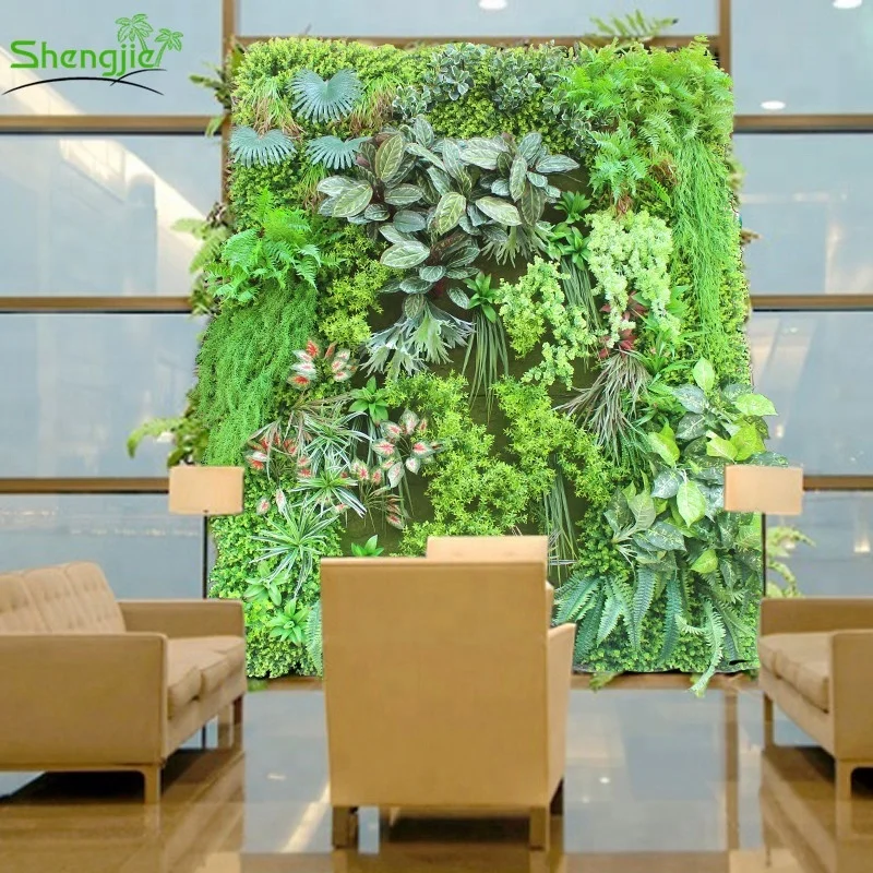 Anti-UV plastic vertical indoor artificial plant green wall for office