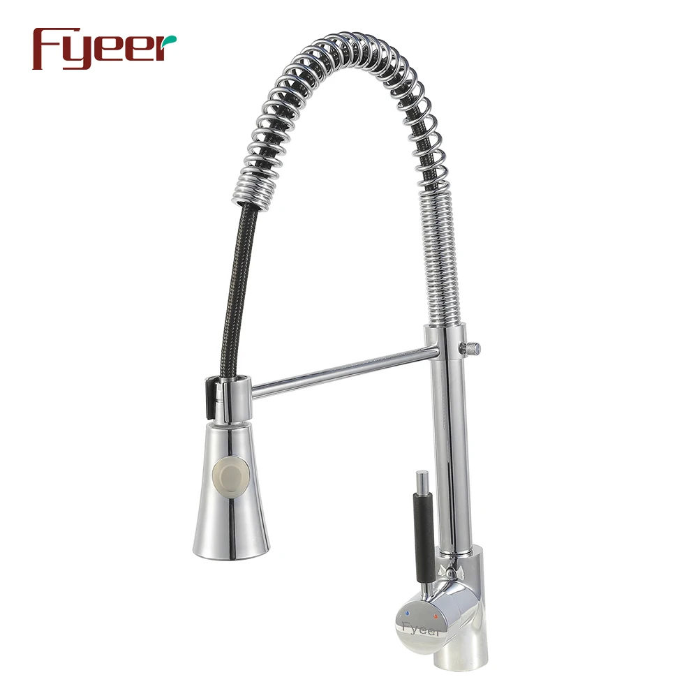Fyeer Round Spray Brass Pull Down Kitchen Sink Faucet with Black Handle