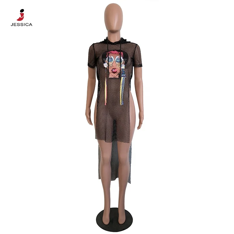 SYA8235 Sexy Fishnet Transparent Short Sleeves Slit Cover Up Club Black Dress