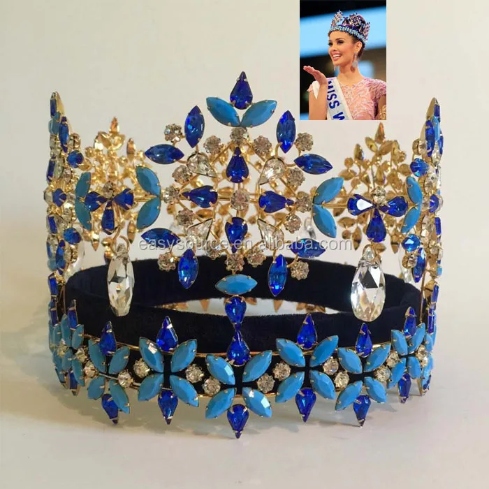Full Round Crown Miss World Tiara Pageant Blue Stone Tall Crown