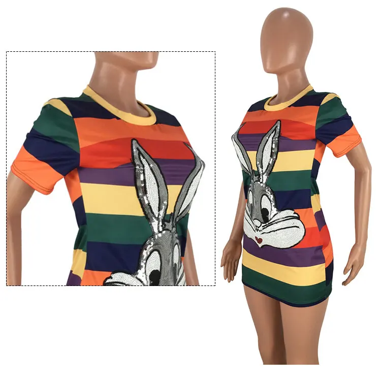 Wholesale 24$ for 3 pieces OEM ODM MD8203 women fashion striped cartoon sequins bandage bodycon mini dress