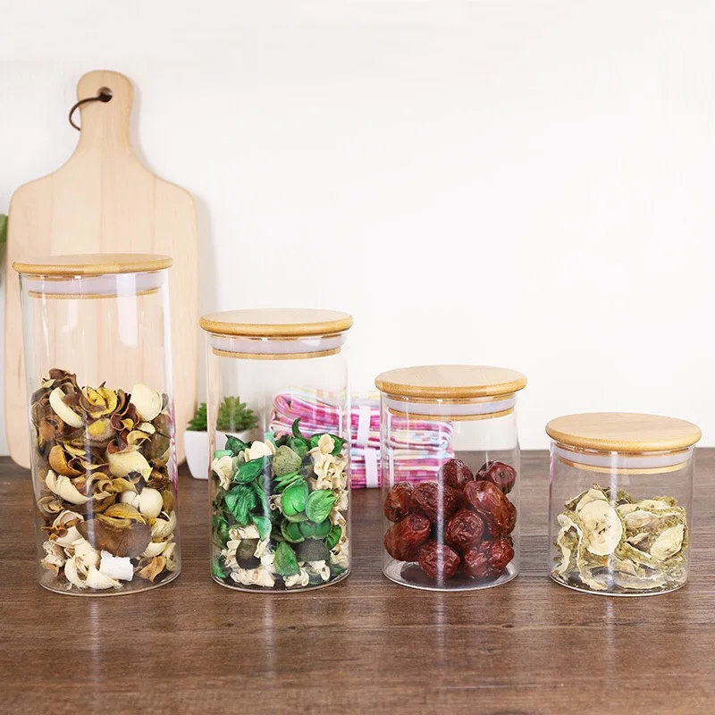 Small clear candy glass canisters with sealing ring,glass jar with bamboo lid GSJ-074Z