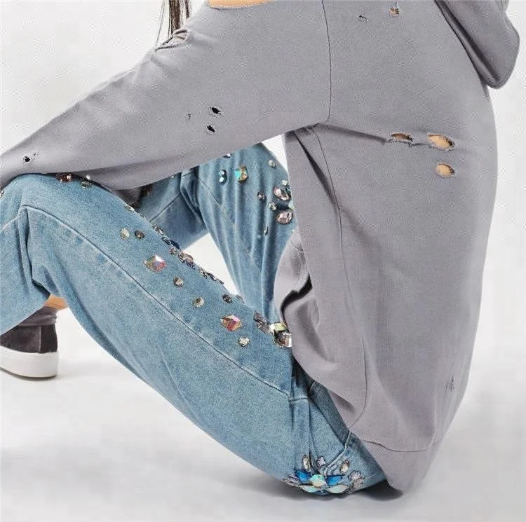 Royal wolf denim jeans manufacturer rock star floral gemstone embellished jeans high waist mom rhinestone jeans