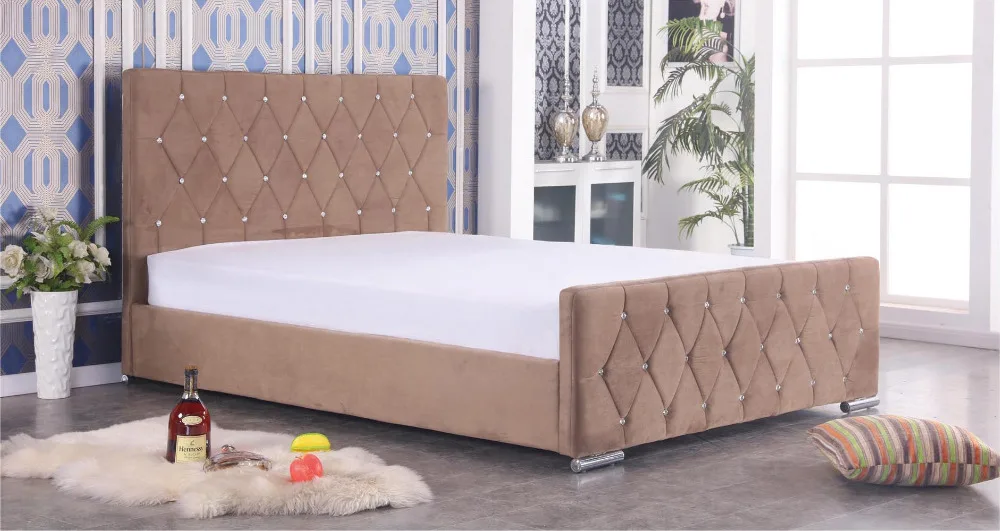 French Style Diamond Velvet Fabric Upholstered Bed With High Headboard