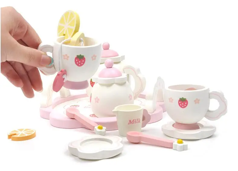 Toys and Hobbies Girls cooking toy high tea set cake tea cup ice cream set pink play wooden toy KKT001M-1