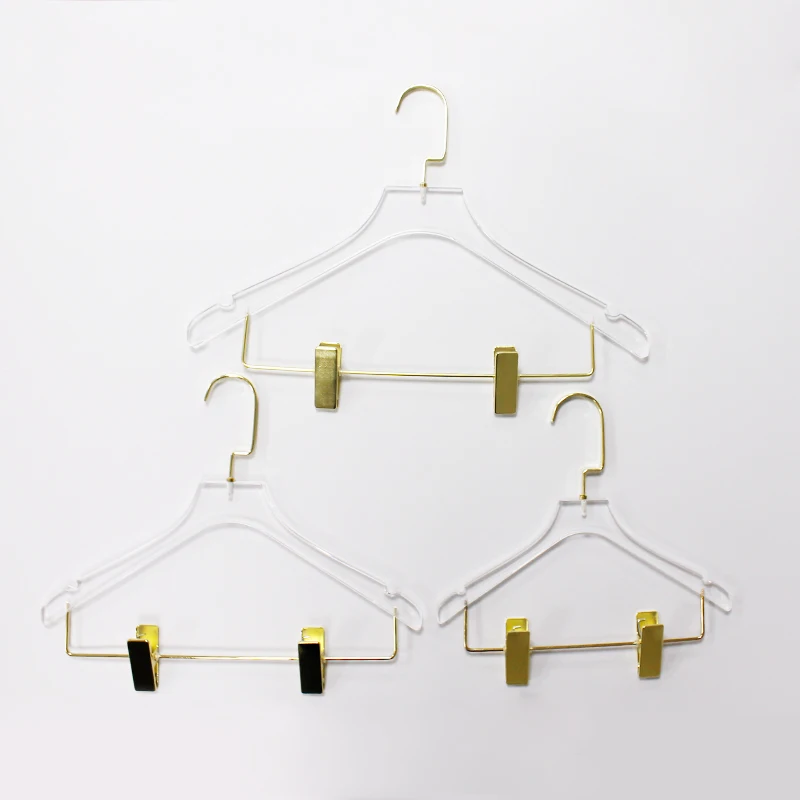 Wholesale clear acrylic coat pants hangers with 2 golden clips custom size logo printing