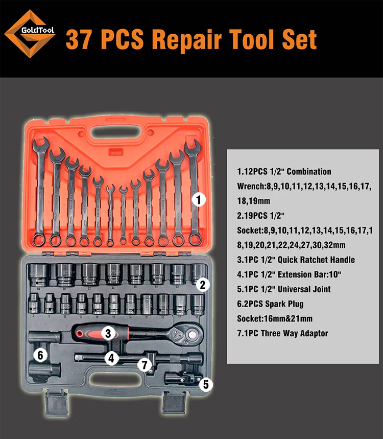 
37PCS Linyi Tool Universal 46 Sets of Auto Repair Tools Head Quick-Release Heavy Duty Ratchet Wrench 