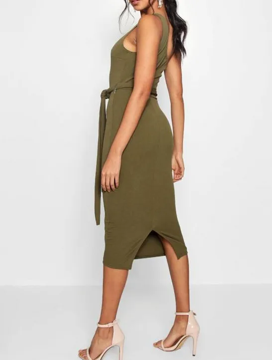 Summer Beach One Shoulder Rib Fabric Belted Midi Dress
