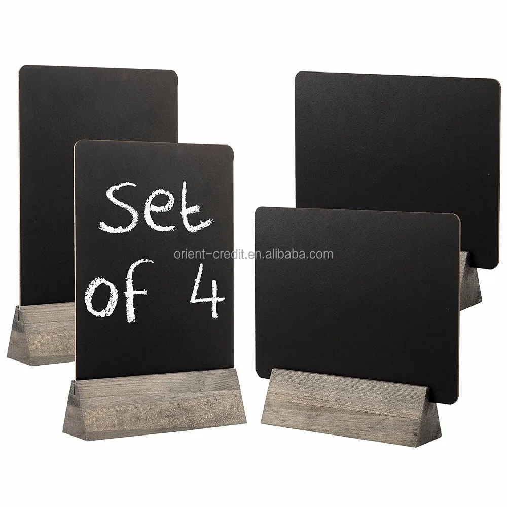 Set of 4 Tabletop Double Sided Chalkboard Display Sign, Placeholder with Wooden Base Stand, Gray