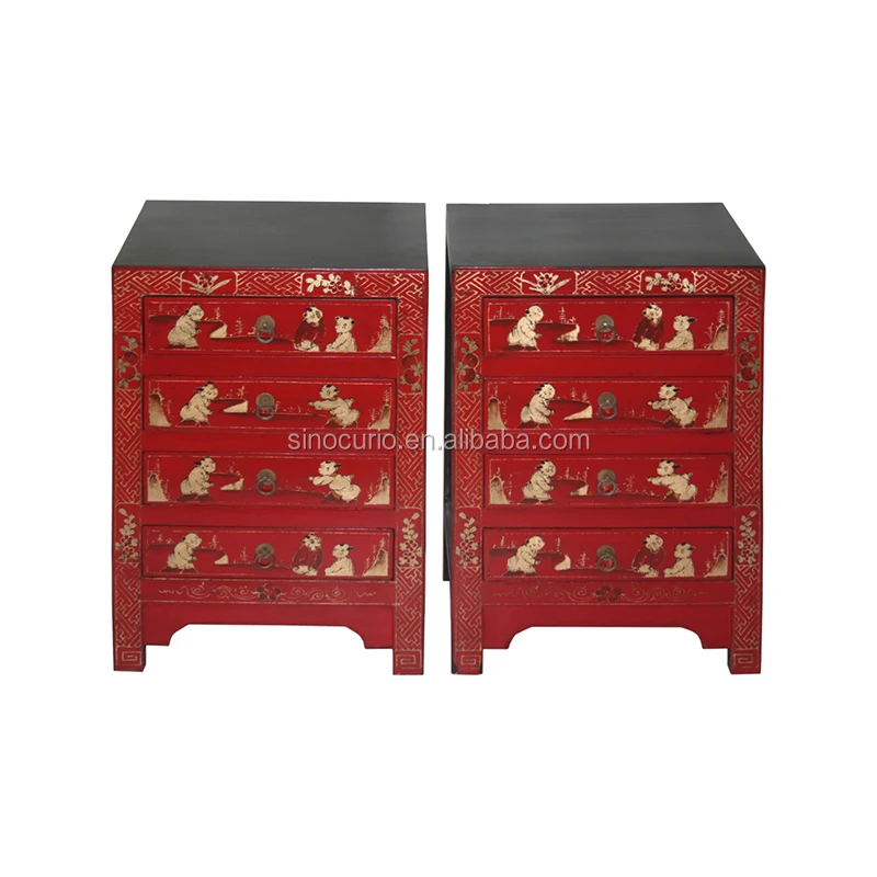 Antique bedroom drawers chest and gold painted bedside table cabinet