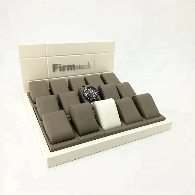 Fashion customized mdf watch shop counter display with grey fine PU leather watch display pillow and custom logo