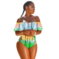 2019 High Quality Custom Color Block Plus Size High Waist Off Shoulder Sexy Ladies Swimwear Beachwear African Print