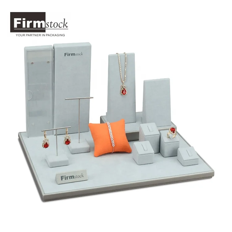 Fashion Style Wooden Jewelry Display Rack In Grey Micro Fiber And PU Leather With Customized Logo Photo Frame