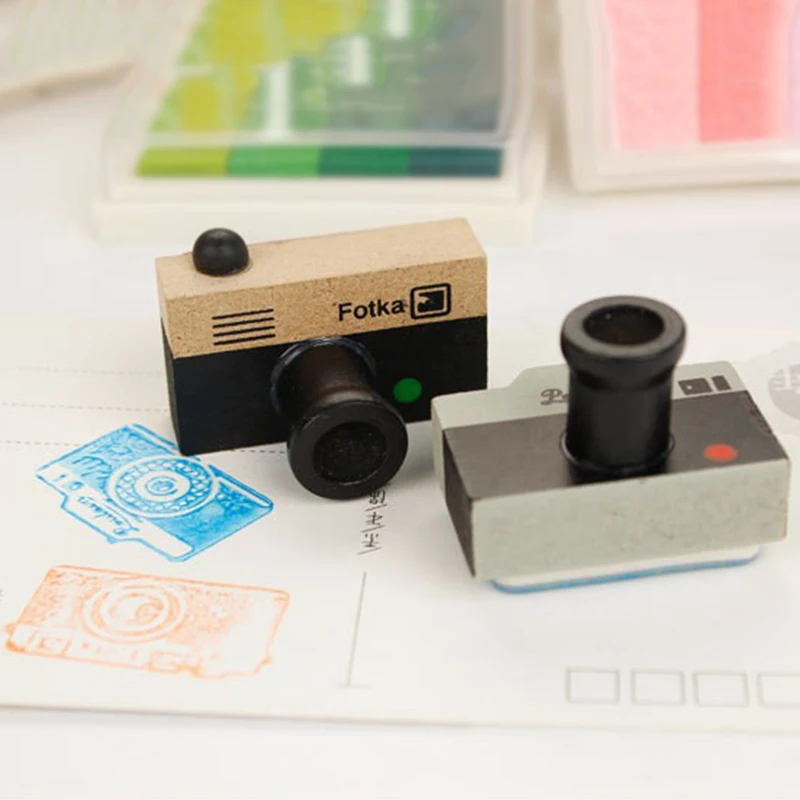 Cute DIY Decor Crafts Wooden Retro Mini Camera Rubber Stamp Seal