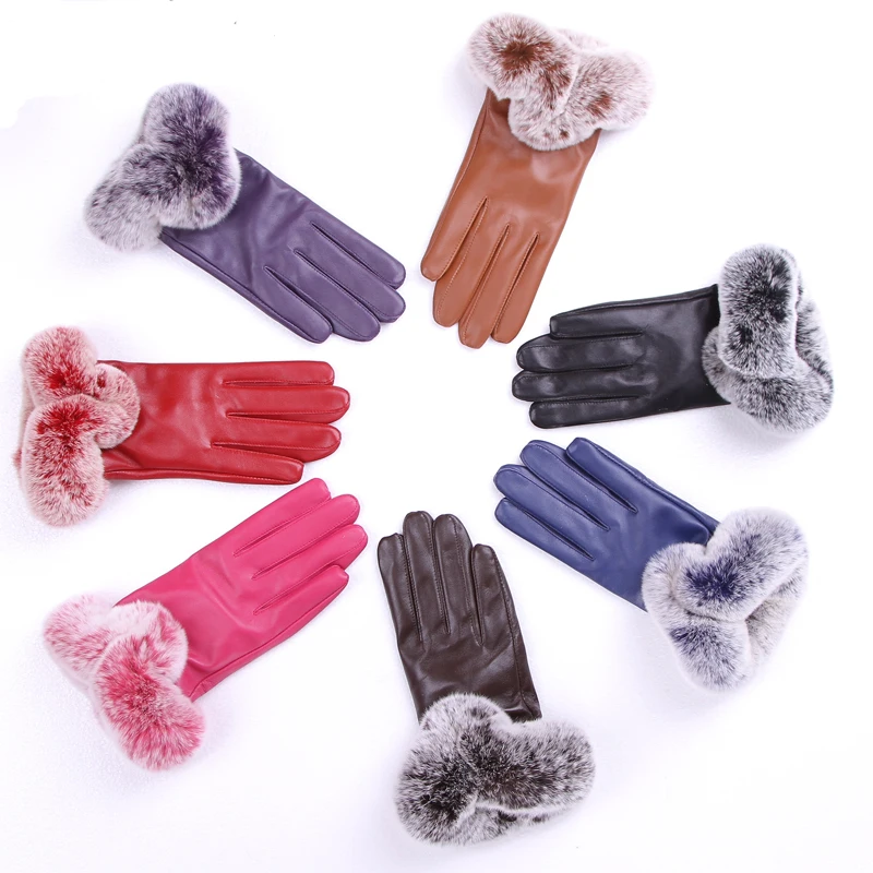 Ladies Winter Genuine Rex Rabbit fur Cuff Leather Gloves for women