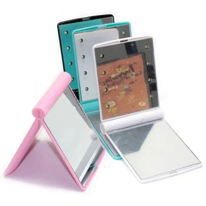 Promotion makeup compact small plastic led light mirror/Folding Makeup LED Mirror with Light 8 Led