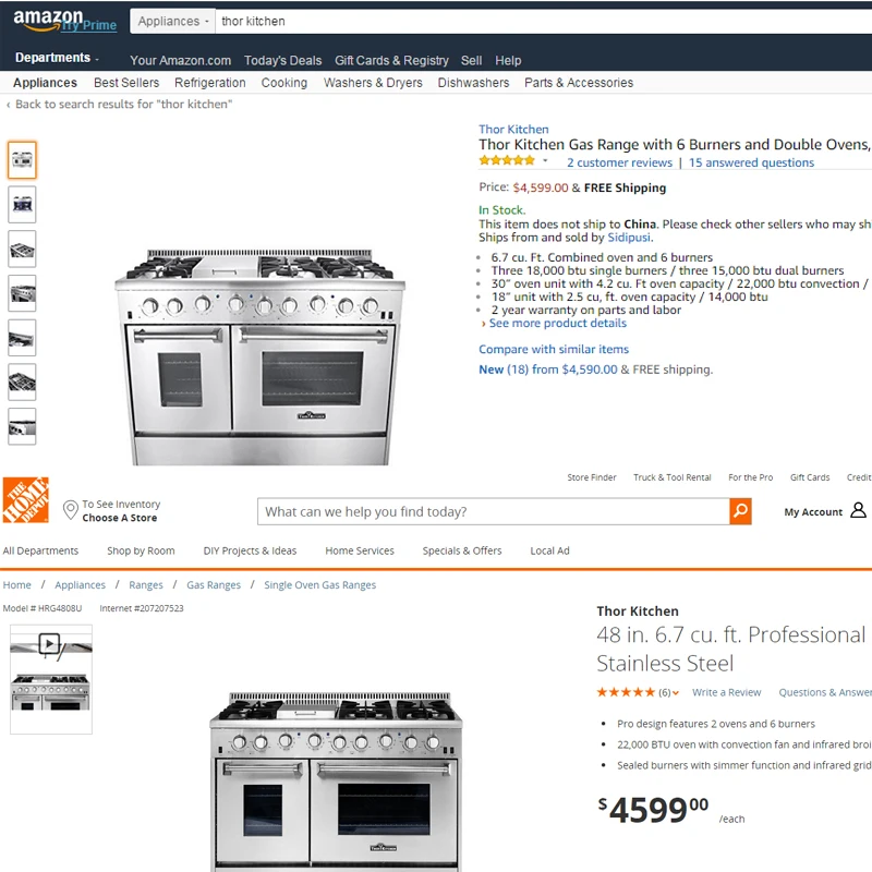 Double Oven 48 inch 6 burners Gas cooking Range