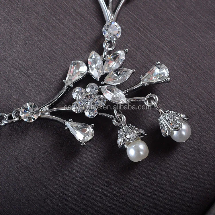 Elegant Flower Diamond Necklace Earring Set Rhinestone Pearl Wedding Jewelry Set