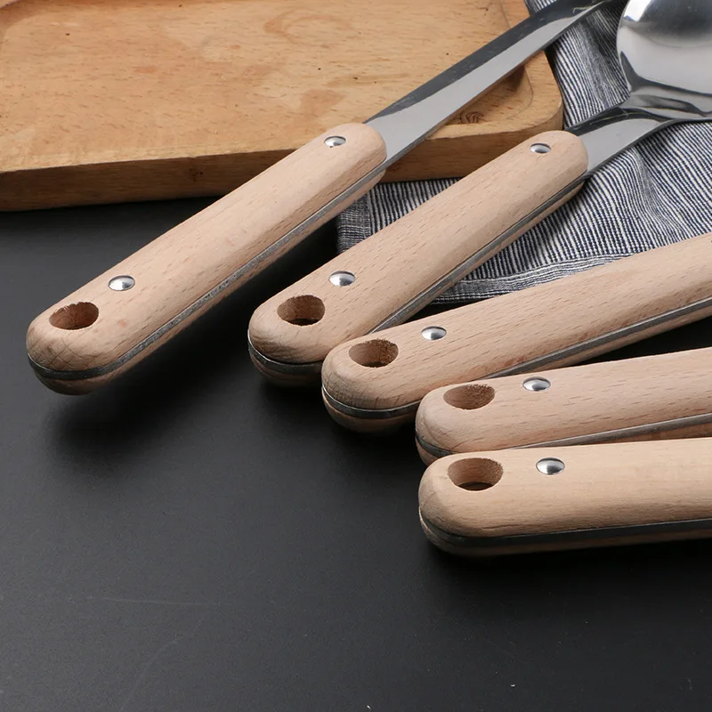 Juego De Utensilios De Cocina Cooking Tool Wooden Handle Ladle Stainless Steel Kitchen Utensil Set
