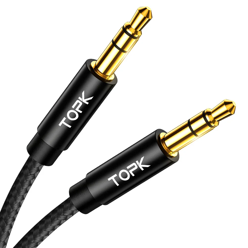 TOPK Gold Plating Nylon Weave Speaker Headphone Male to Male 3.5mm 35mm Aux Audio Cable