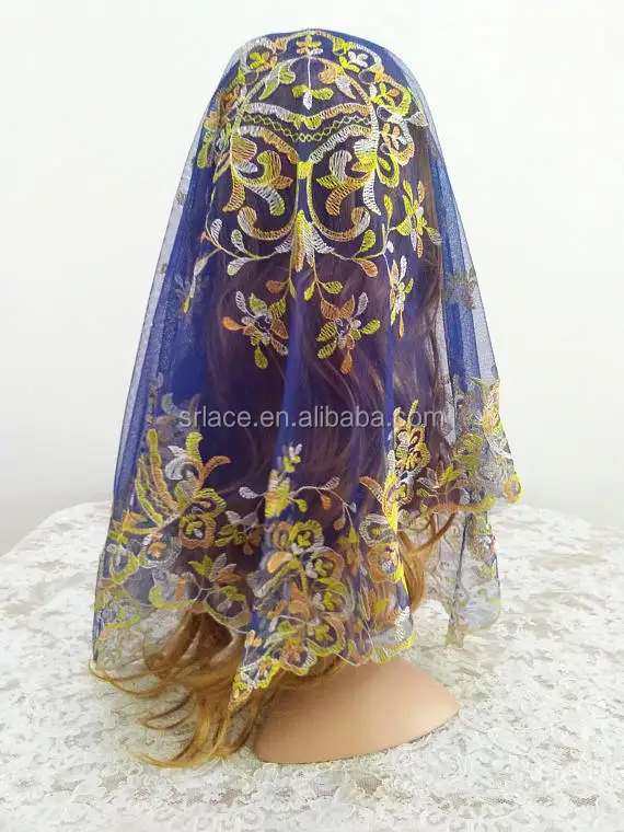 
Blue Mesh Colorful Embroidery Spanish Lace Mantilla Catholic Lace Veil Wedding Lace Mantilla 