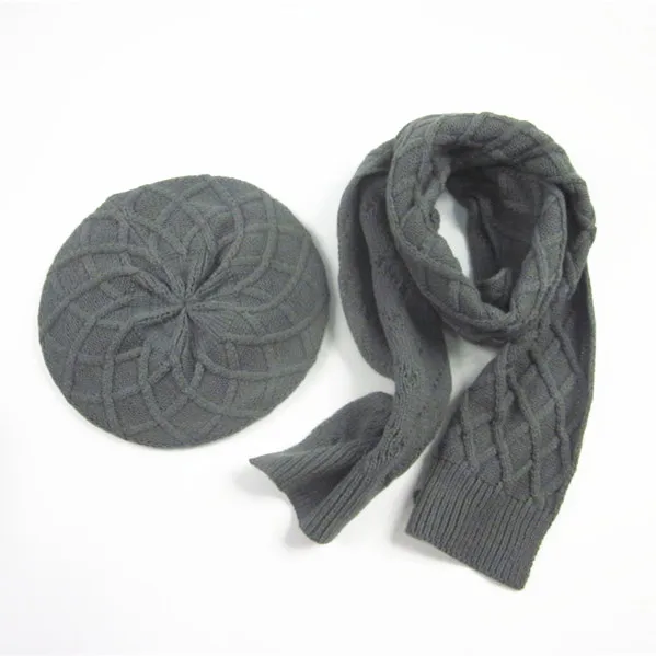 Ladies Fashion Pattern Grey Knit Beret Hat and Scarf Set