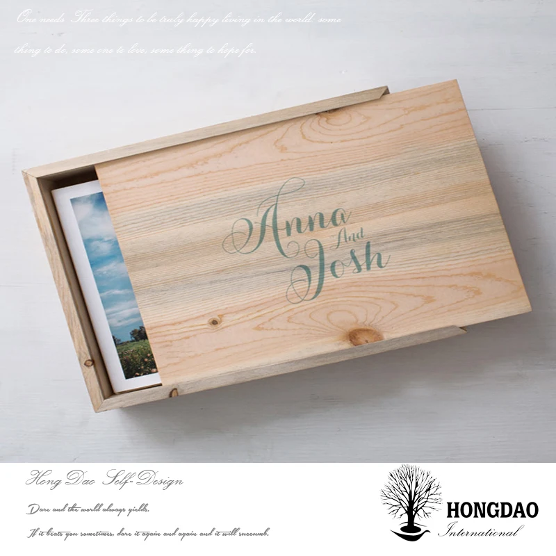 HONGDAO Natural Sliding Lid unfinished Wooden Wedding Photo Album USB Box With Engraving Logo