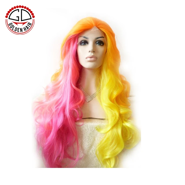 Golden Hair Hot Selling Beautiful Curly Lace Front Synthetic Rainbow Wig