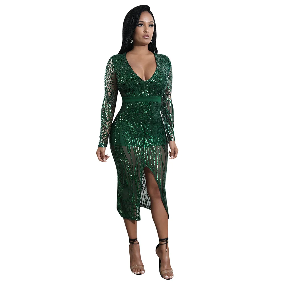 Women Lace Evening Party Sequined Dress Ladies Empire Waist Mid-calf Dress V-Neck Long Sleeve Dresses